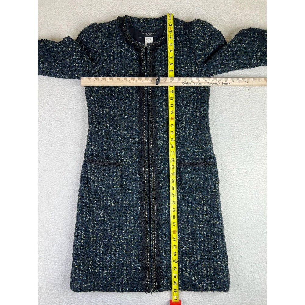 Eva Culture Womens 38 Blue Tweed Wool Zip Front 3/4 Sleeve Fringe Pocket Coat - Picture 6 of 7